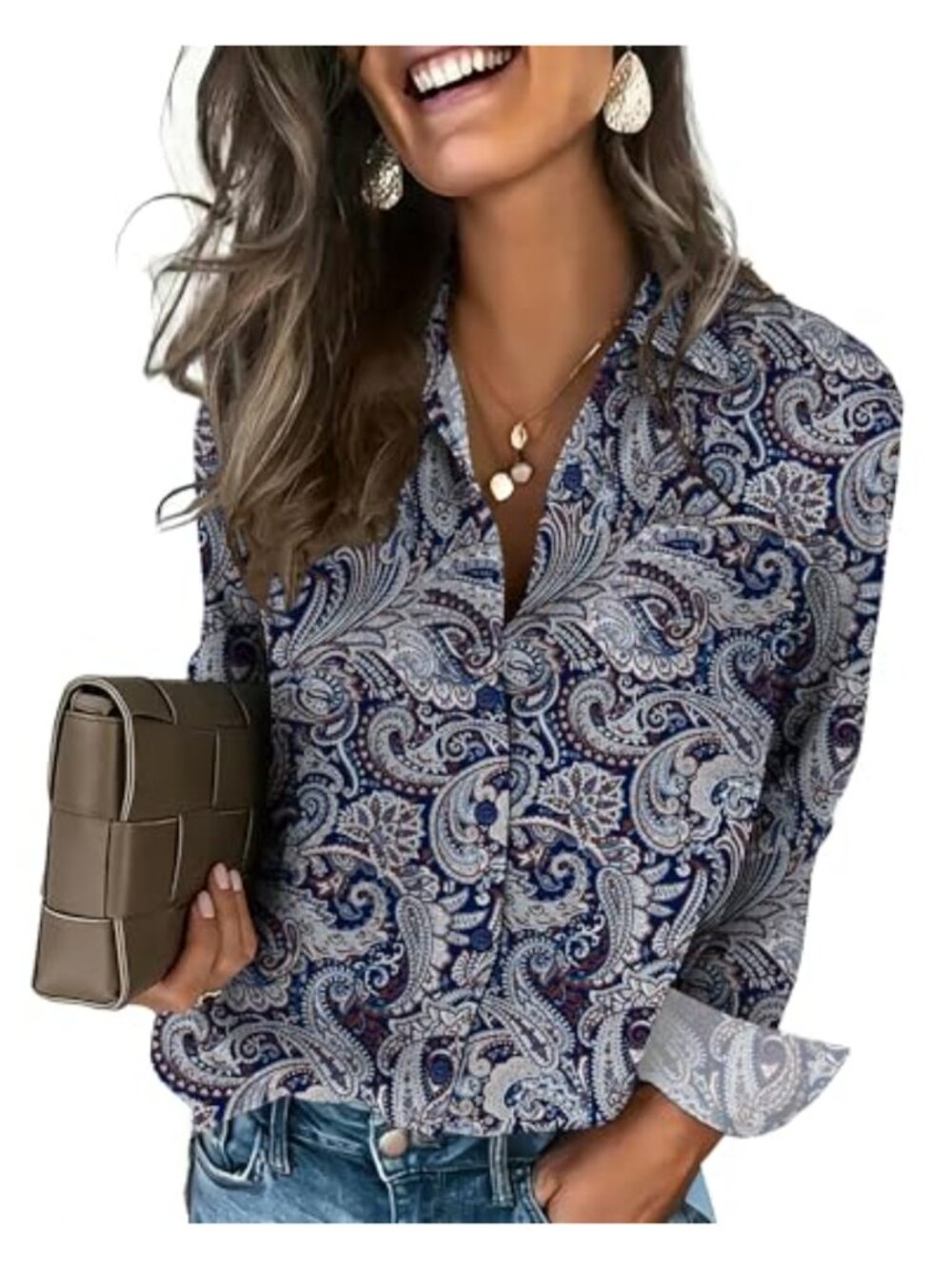 Women's Button Down Long Sleeve Blouse Soft Stretchable Floral Work Top